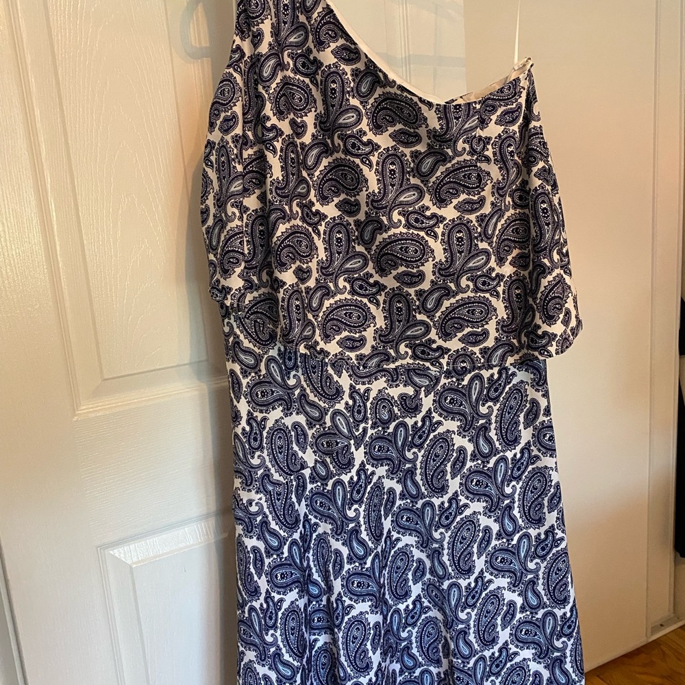 Banana Republic Blue and White Asymmetrical Ruched One Shoulder Dress